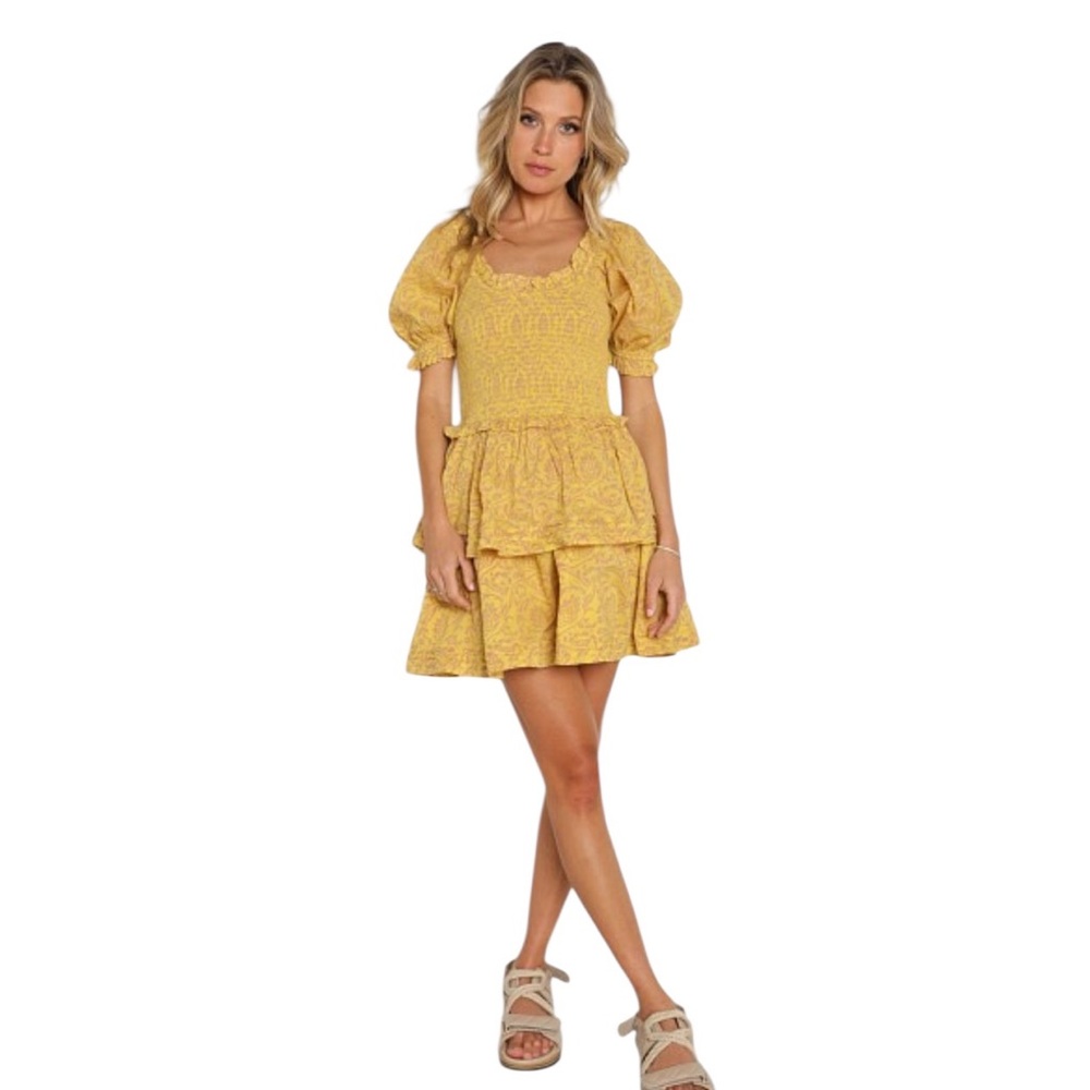 Cleobella Yellow Ruffle Print Floral Smocked Mini Dress Boho Festival Hippi Med